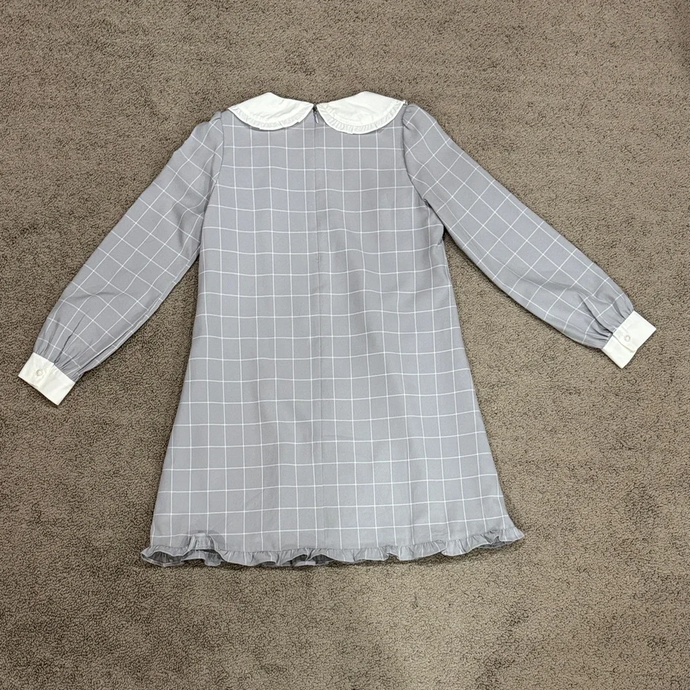 Ank Rouge Japan brand schoolgirl Gray Plaid Long Sleeve Dress White Collar - Picture 6 of 9